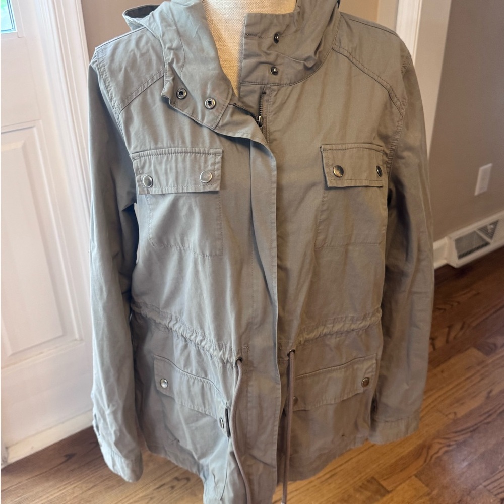 Women Utility Jacket Hooded Field Coat Sage Green Drawstring Waist Cargo Pockets